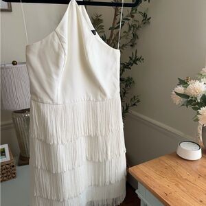 Aidan Mattox Ivory One-Shoulder Fringe Tiered Dress